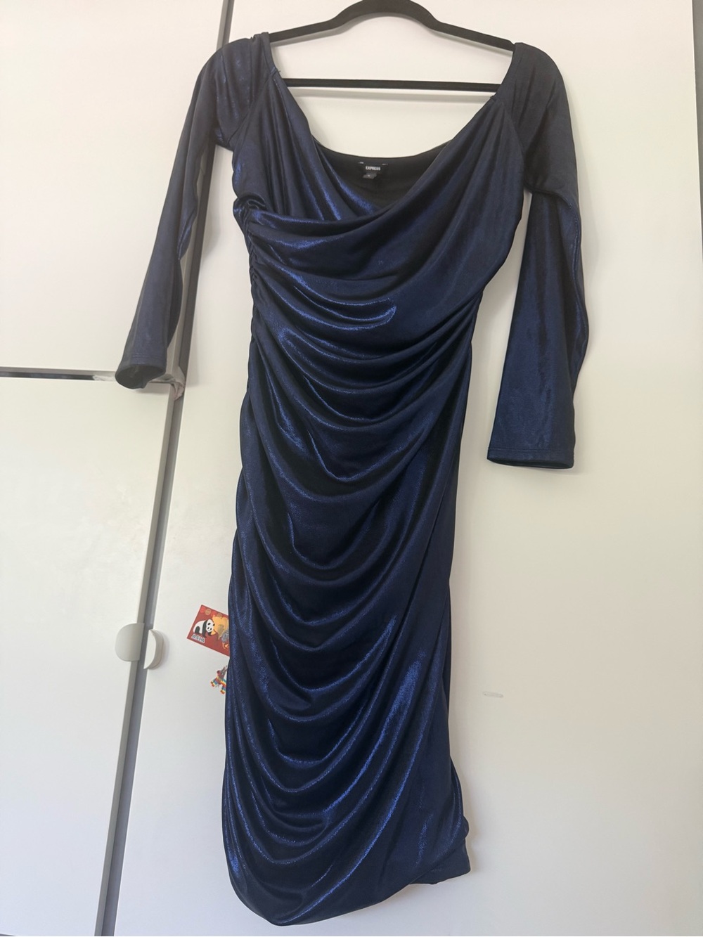 Elegant Navy Blue Draped Midi Dress - Women